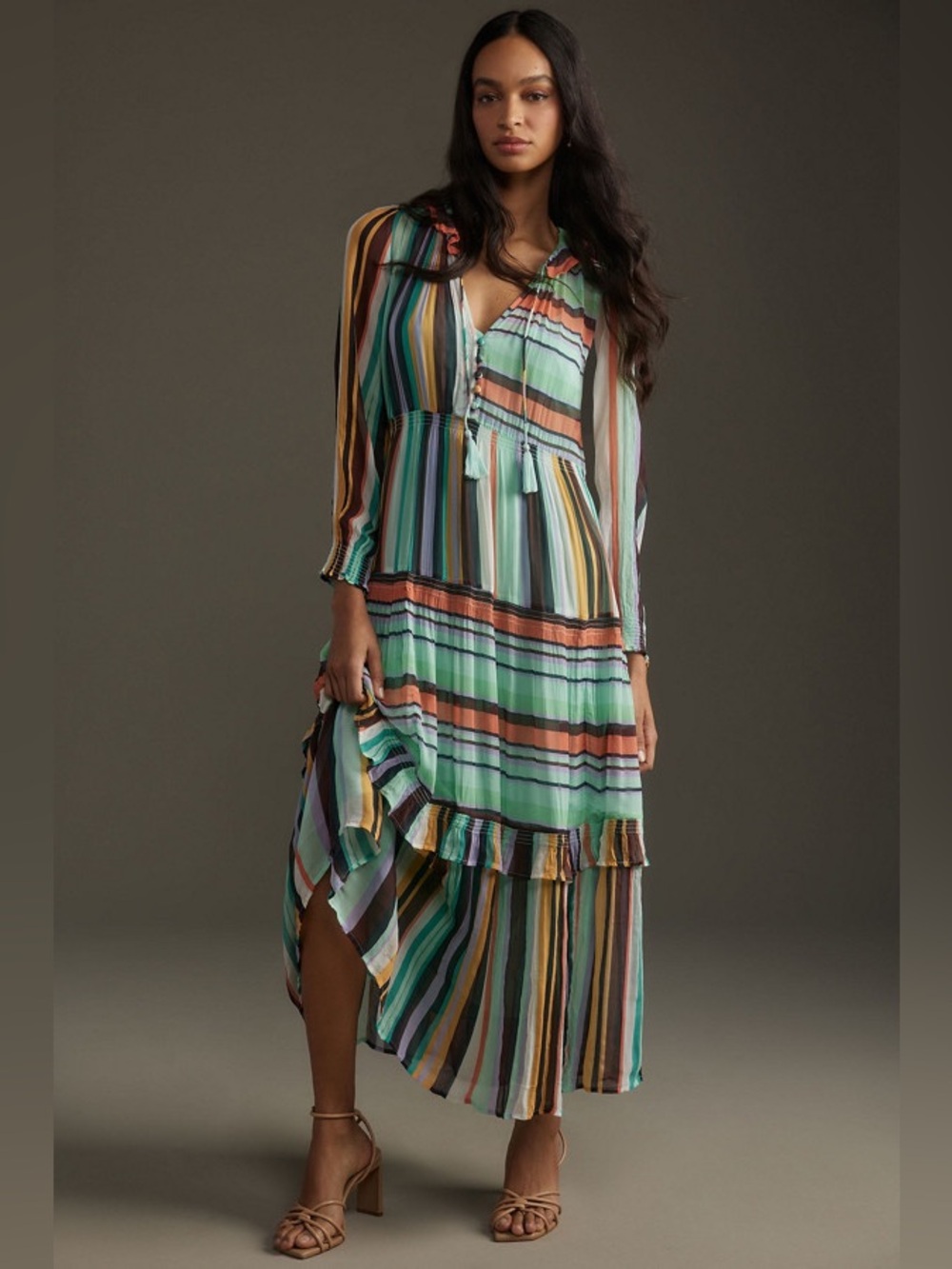 ANTHROPOLOGIE “The Marais” Printed Chiffon Maxi Dress Striped Boho - Medium